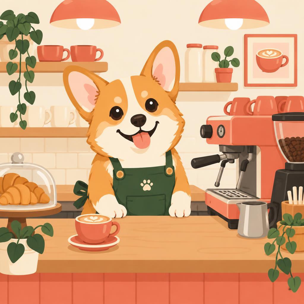 Corgi barista in an apron at the espresso machine