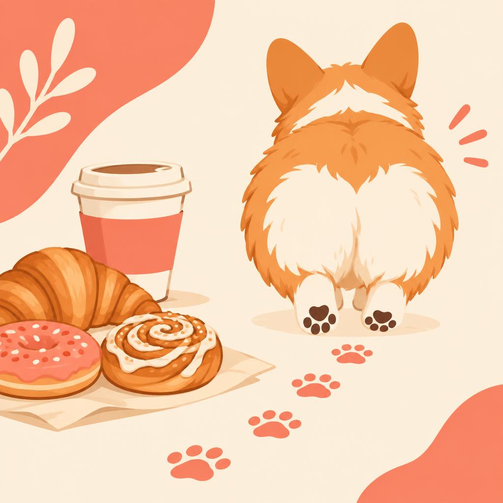 Fluffy corgi butt walking away from pastries and coffee