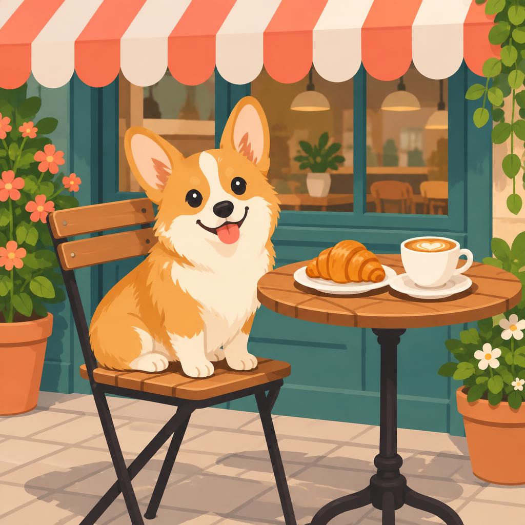 Corgi on a cafe chair with coffee and a croissant