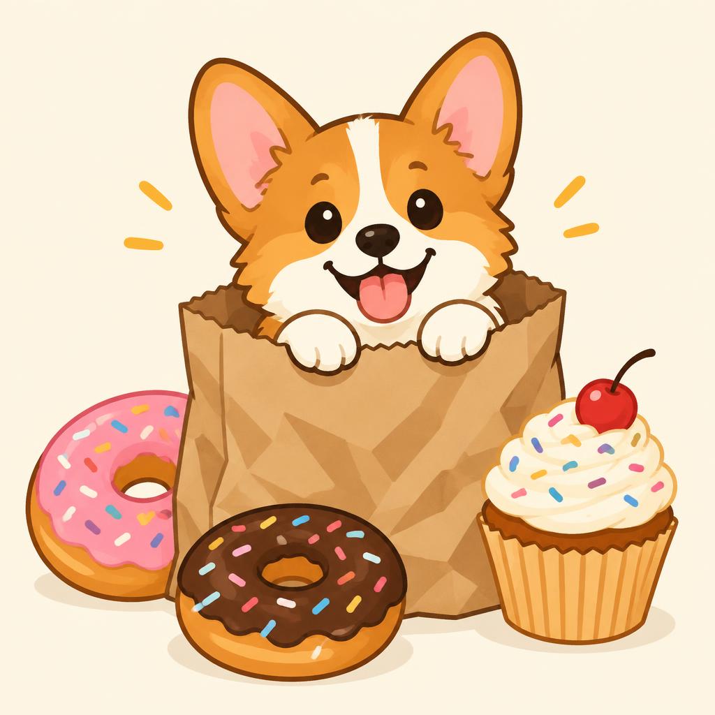 Corgi peeking out of a pastry bag with donuts